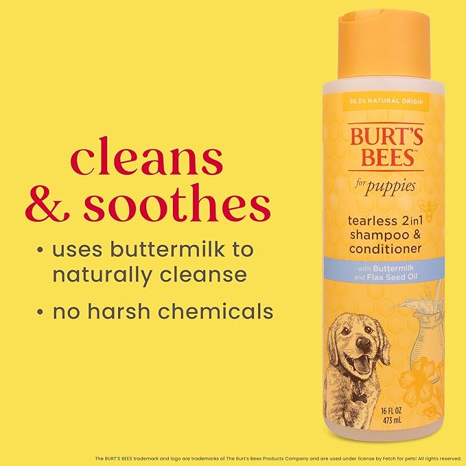 Burt's Bees for Pets Tearless Puppy 2-in-1 Shampoo and Conditioner with Buttermilk and Linseed Oil, 95% Natural Origin Formulas, Shampoo for Puppies - Gentle Puppy Shampoo Tear Free, 16 oz