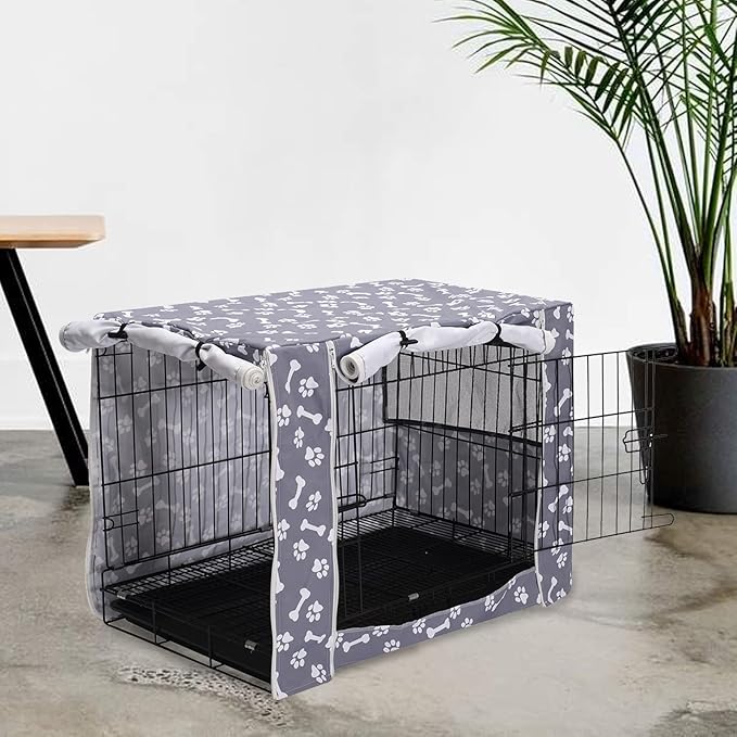 Dog Crate Cover Kennel Dogs Covers fits Small Medium Large crates cage Heavy Nylon Waterproof soundproof Indoor Outdoor - Cover only - Grey Bone paw - 24 inch