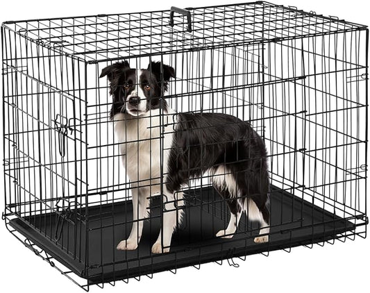 PayLessHere Large Dog Crate Kennel for Medium Large Dogs Metal Dog Cage Double-Door Folding Travel Indoor Outdoor Puppy Playpen with Divider and Handle Plastic Tray (36 Inch, Black)