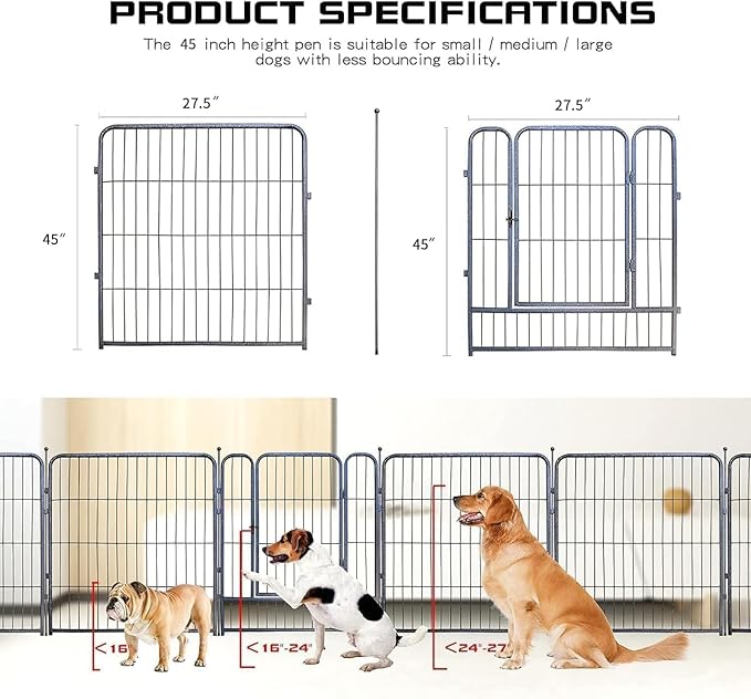 Dog Playpen, Dog Fences for The Yard, Portable Outdoor Dog Playpen for Large/Medium/Small Dogs, Foldable Metal Dog playpen, with Doors (8 Panels, 45")