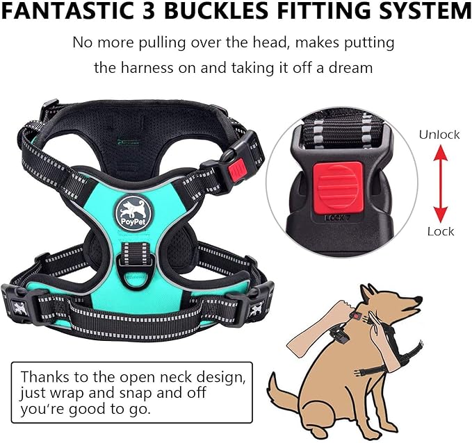 PoyPet No Pull Dog Harness, No Choke Front Clip Dog Reflective Harness, Adjustable Soft Padded Pet Vest with Easy Control Handle for Small to Large Dogs(Mint Blue,L)