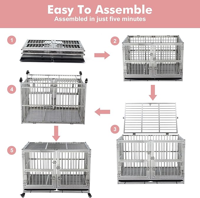 42" Heavy Duty Dog Crate Cage Kennel with Wheels, Full Stainless Steel High Anxiety Indestructible Dog Crate, Sturdy Locks Design, Double Door Small Door Design & Removable Tray Design (Silver)
