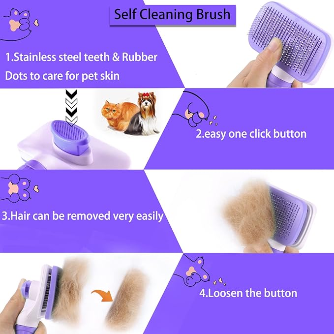 ACE2ACE Self-Cleaning Slicker Brush for Long and Short Pet Fur - Removes Hair With One Button