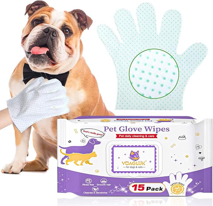 Dog Cleaning Gloves Wipes 15pcs Deodorizing Disposable Pet Grooming Bathing Gloves Extra Thick, No Rinse Shampoo Dry Cleaning Gloves Lick Safe for Dogs & Cats Paw Face Ear Fur and Butt