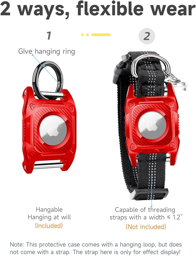 IP68 Waterproof Airtag Case for Dog Collar [2 Pack] Airtag Dog Collar Holder Hard TPU Full Protection Airtag Holder with Removable Handle Cat Dog GPS Tracker Anti Loss air tag Cover（Red）