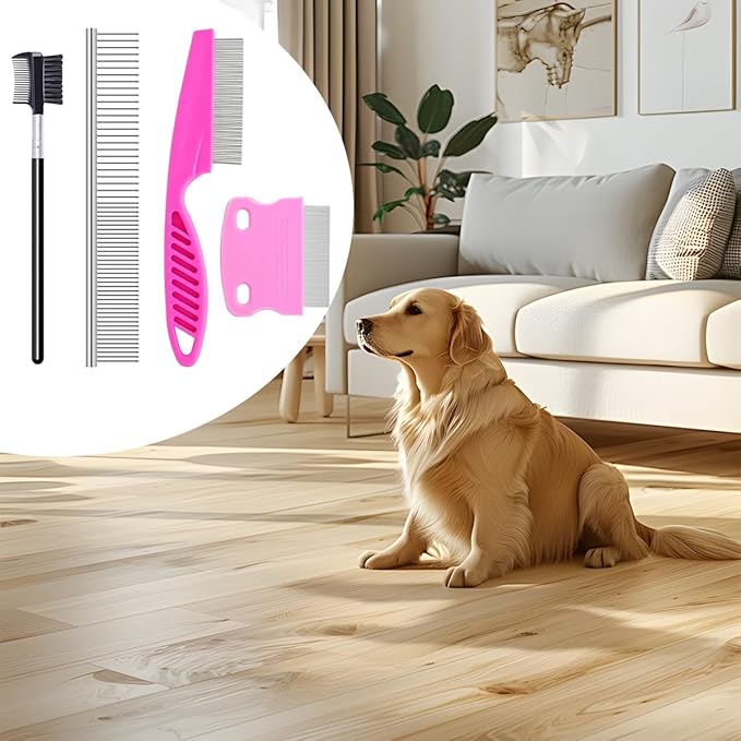 4PCS Pets Grooming Comb Kit for Small Dogs, 2-in-1 Flea Comb with Round Teeth for Cat and Puppy, Tear Stain Remover Comb Accessories for Removing Eye Mucus and Crust