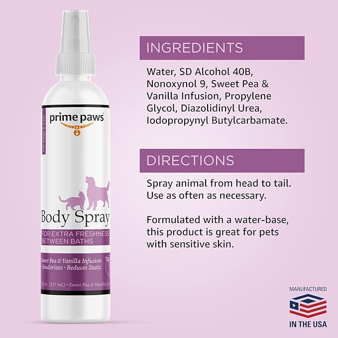 Body Spray for Dogs and Cats - Long Lasting Cat Cologne & Odor Eliminator - Dog Spray Deodorizer Perfume for Grooming & Reducing Static - Sweet Pea & Vanilla Scent - 8 oz, White (PRIM1048)
