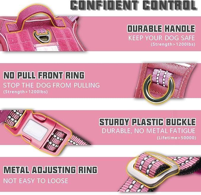 Auroth Tactical Dog Harness for Large Dogs No Pull Adjustable Pet Harness Reflective K9 Working Training Easy Control Pet Vest Military Service Dog Harnesses Rose Red S