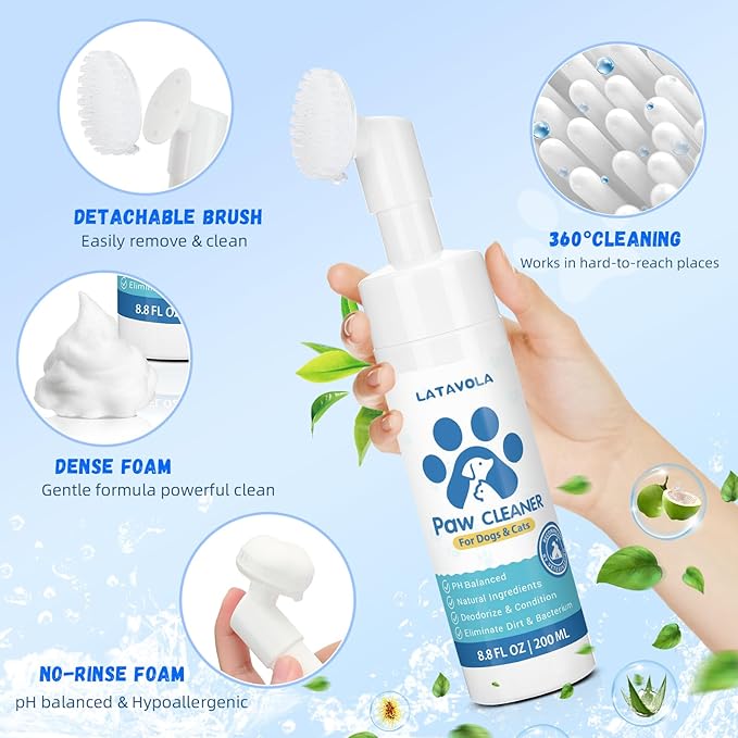 Paw Cleaner for Dogs and Cats,Magic Foam - Clean Paws No-Rinse Foaming Cleanser-Dry Shampoo, Foot Cleaner Brush - with Rose Extract, Odor Control Wash - Good for Puppy