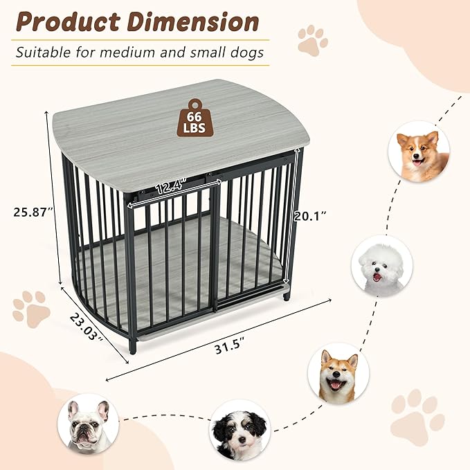Merax 31.5" Furniture Style Dog Crate for Small and Medium Dogs, Wooden Cage Indoor Kennel Furniture, Modern Dog Crate End Table with Double-Doors, Gray