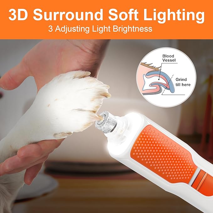 7-Speed 360° LED Strong Light Dog Nail Grinder Quiet Cat Nail Grinder Dog Nail Trimmers for Large Medium Small Dogs Cats Pets Claw Trimmer Quick Dog Nail Clipper
