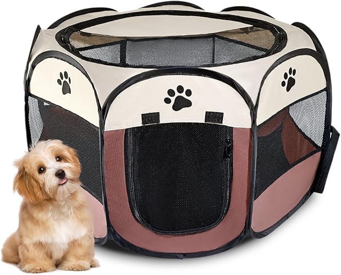 Pet Puppy Dog Playpen Portable, 27” Foldable Crate for Small Dog and Cat,Dog Kennel with Carry Bag, Pop Up Dog Playpen((Brown)