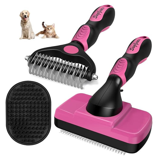 3PCS Dog Brush I Dog Brush for Shedding I Deshedding Dog Brush I Dog Bath Brush I Slicker Brush For Dogs I Dog Comb I Premium Pet Supplies (Red Black)