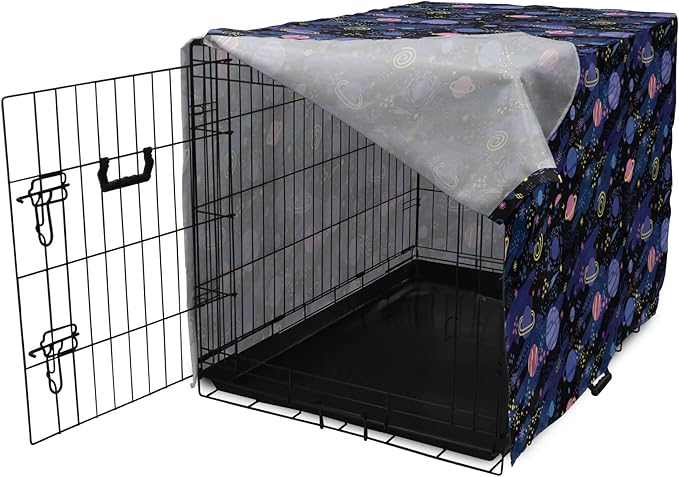 Ambesonne Galaxy Dog Crate Cover, Outer Space Planets Cosmic Journey Milky Way Zodiac Moon Doodle, Easy to Use Pet Kennel Cover for Medium Large Dogs, 42 Inch, Blue Pink