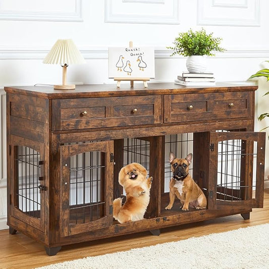 Dog Crate Furniture with 5 Doors, 58" Wooden Dog Kennel End Table with Large Capacity Drawers, Dog House with Openable Divider for Small/Medium/Large Dog,Dog Cage,Side End Table (Rustic Brown)