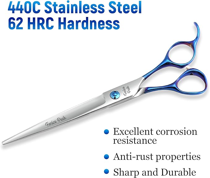 Fenice Peak Grooming Scissors for Dogs 7 inch Straight Pet Grooming Scissors Ergonomically Designed Blue Handles Ideal Dog Shears for Precise Trimming Easy Use.