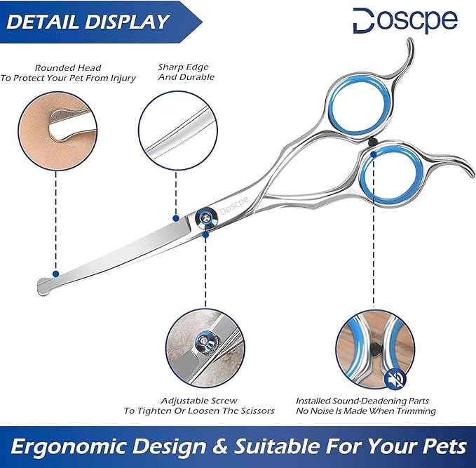 Curved Dog Grooming Scissors 6.69 inches Round Tips Pet Grooming Shears for Dog Cat on Face Paw Hair Trimming Right Left Handed