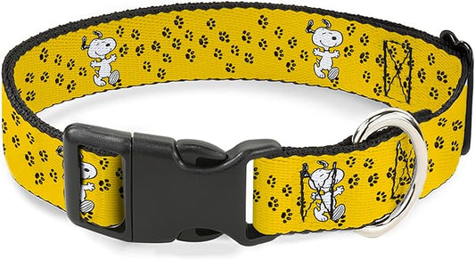 Peanuts Worldwide LLC Pet Collar, Dog Collar Plastic Buckle, Peanuts Snoopy Smiling Pose Paw Print Yellow Black White, 9.5 to 13 Inches 1.0 Inch Wide