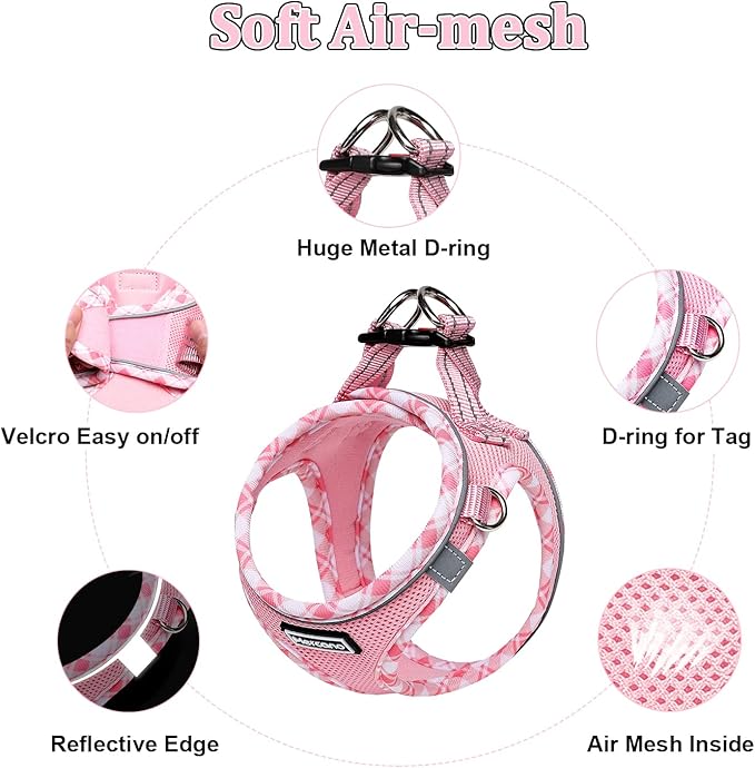 Mercano Soft Mesh Dog Harness and Leash Set, No-Chock Step-in Reflective Breathable Lightweight Easy Walk Escape Proof Vest Harnesses with Safety Buckle for Small Medium Dogs, Cats (Pink, XS)