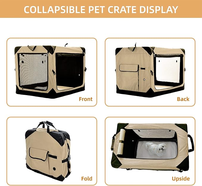 Pettycare 42 Inch Collapsible Dog Crate for Large Dogs, 4-Door Foldable Soft Kennel With Chew Proof Mesh Windows, Indoor & Outdoor Travel, Beige