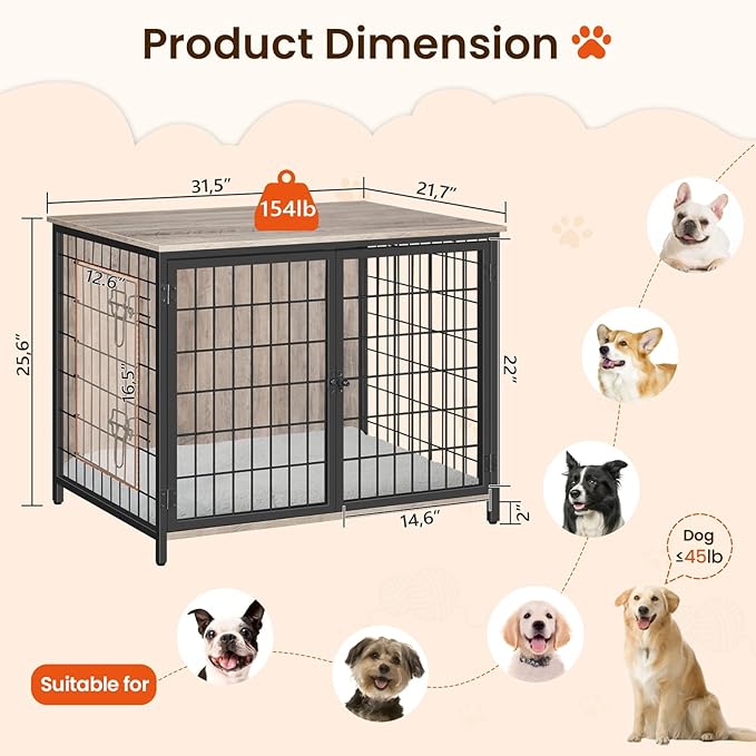 Dog Crate Furniture with Cushion, Wooden Dog Kennel with Double Doors, Heavy Duty Dog Cage for Small/Medium/Large Dogs, Indoor Dog House End Table, 31.5" L, Greige DCHG0701
