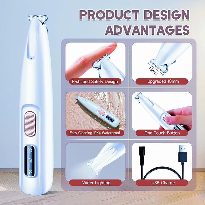 Paw Trimmer for Dogs Electric, Upgraded Pet Paw Trimmer with LED Light, Pet Hair Clippers Rechargeable Low Noise, Grooming Shaver for Cats Eyes Face Ears Feet Rump Around Hair, Waterproof, Cordless