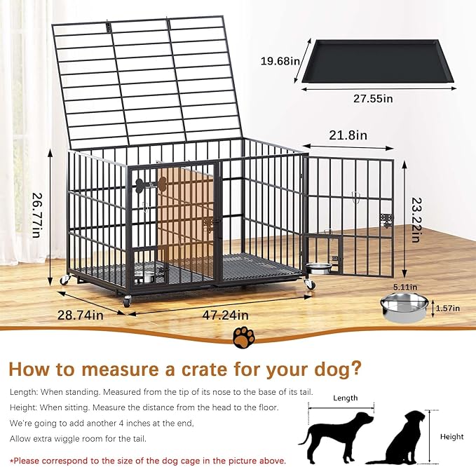 Dosker 48/42 inch XL Dog Crate for Large Dog/Double Medium Dogs,Heavy Duty Metal Dog Cages,All Metal Open Top Stackable,Dog Kennel Indoor with Wheels,Floor Grid, Tray, Divider and Feeding Bowl