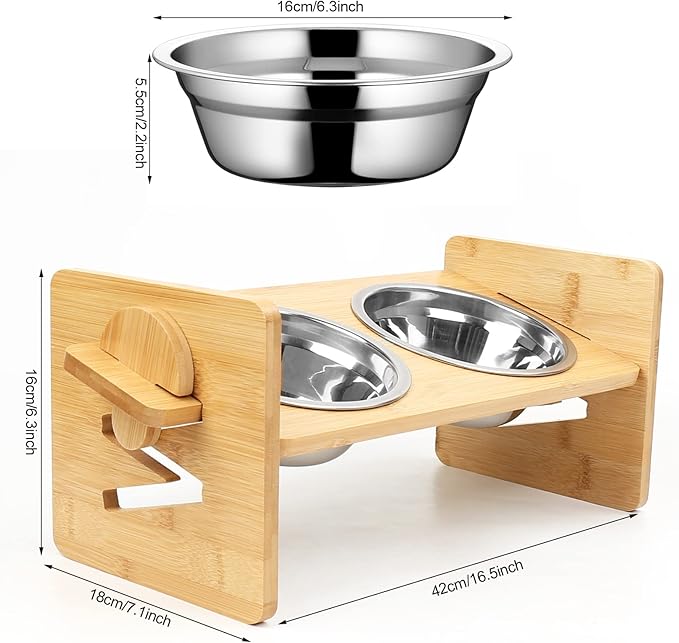 Raised Dog Bowl, Elevated Dog Bowls, Tilted Pet Food Water Bowl, Slanted Bamboo Feeding Station with Stainless Steel Bowls for Small & Medium Dogs, Cat Kitten Flat Faced French Bulldog Puppy Feeder