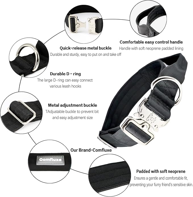 Tactical Military Dog Collar, Strong Heavy Duty Dog Collar, Wide Thick Dog Collar with Handle, Soft Neoprene Padded Collar with Quick Release Metal Buckle for Medium Large Dogs (Black, M)