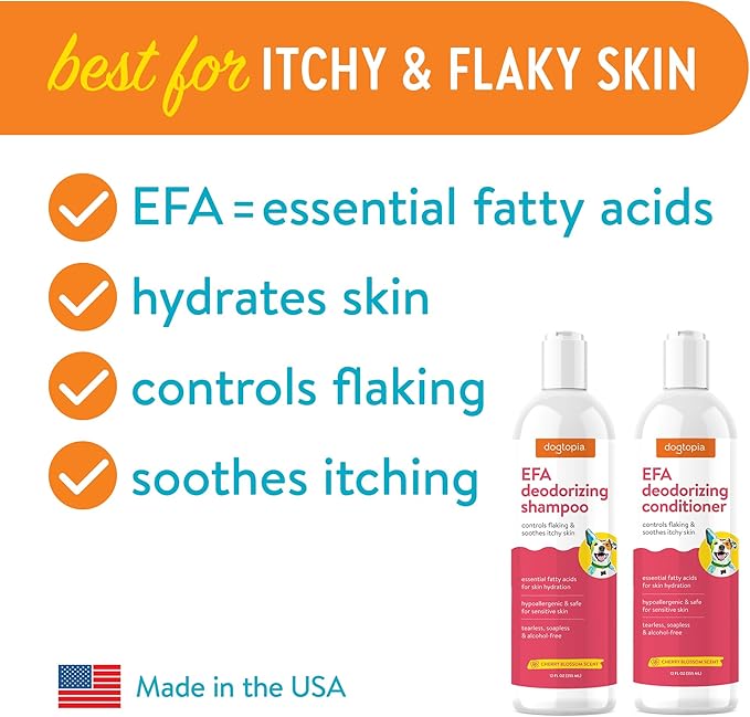 Essential Fatty Acid (EFA) Shampoo and Conditioner for Pets – 12oz Deodorizing Cherry Blossom Scent | Soothing for Dogs and Cats Rich with Moisturizing Emollients | Tearless, Soapless