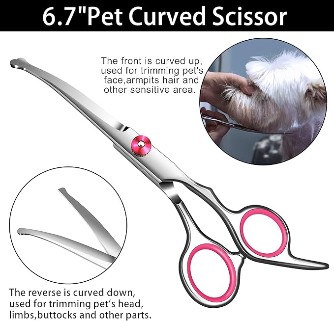 Dog Grooming scissors Kit,Includes Curved Thinning straight scissors and Comb, Dog Grooming Shears with Safety Round Tips,pet Grooming kit for Small Dogs&Puppies