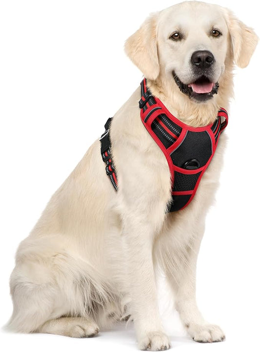 rabbitgoo Dog Harness, No-Pull Pet Harness with 2 Leash Clips, Adjustable Soft Padded Dog Vest, Reflective No-Choke Pet Oxford Vest with Easy Control Handle for Large Dogs, Black & Red, XL