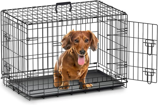 MoNiBloom 24/30/36/42/48 Dog Crates, Foldable Metal Wire Dog Cage with Double-Door, Outdoor Indoor Pet Kennels, Includes Leak-Proof Pan, Divider Panel, Black, 30"