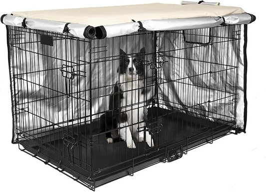 Dog Crate Cover 42 inch - Double Door, Dog Kennel Indoor, Waterproof Dog Kennel Cover with Air Vent Window, for Indoor/Outdoor Most Wire Dog Crate(Beige)