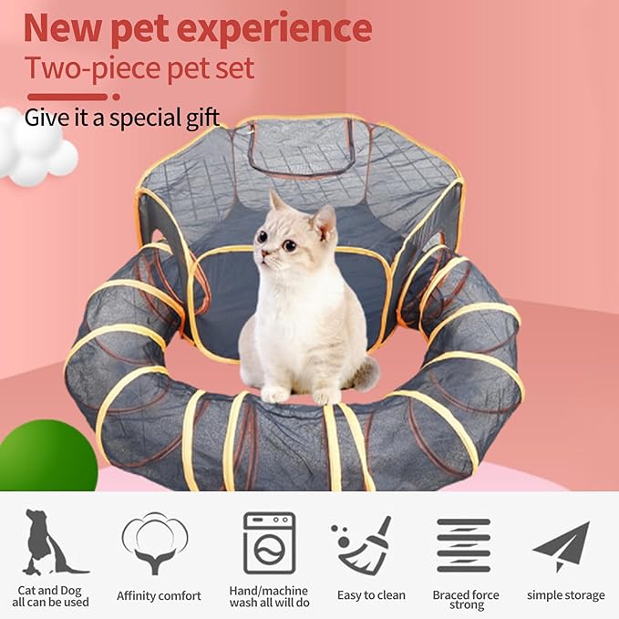 Orange Portable, Foldable Outdoor Cat Enclosure with Tunnel - Suitable for Small Pets