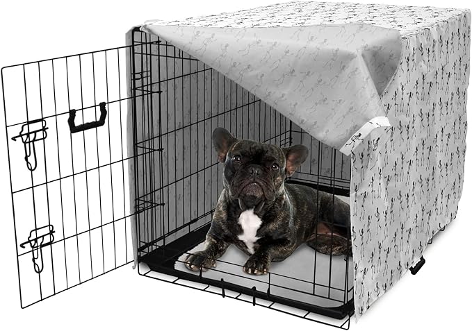 Lunarable Skull Dog Crate Cover, Cartoon Pattern of Monochrome Skeletons Halloween Themed Illustration Horror, Easy to Use Pet Kennel Cover for Cats & Medium Dogs, 24 Inch, White Black