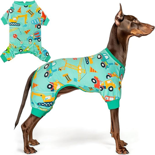 KYEESE Dog Pajamas Velvet Dog Pajamas Large Sized Dogs Soft Dogs Clothes Pjs with Construction Vehicles Pattern Stretchy Pet Jammies Coat Comfy Pet Onesie Costume, 3X-Large