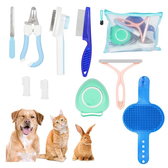 9 Pcs Dog and Cat Grooming Kit, Self-Cleaning Depilatory Comb, Finger Toothbrush and Bath Brush, Complete Pet Care Tool Kit for Long and Short Hair Dogs and Cats, for Clean Teeth and Skin