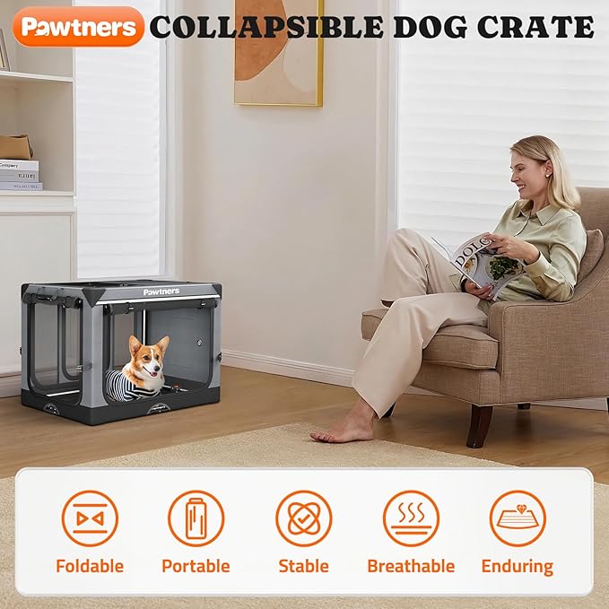 Collapsible Dog Crate: 30 Inch Foldable Soft Sided Dog Crate for Medium Dogs, Portable Dog Travel Kennel with Soft Mat for Indoors & Outdoors, Grey