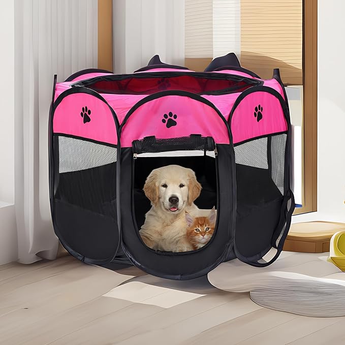 Mile High Life | Foldable Dog Playpen | Portable Dog Crate w Removable Shade Cover | Dog Kennel Indoor/Outdoor w Carry Case | Pen Tent for Dog/Cat/Rabbit(Hot Pink, Large (45"x45"x23"))