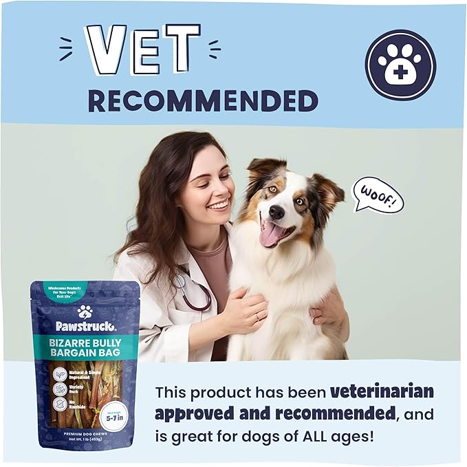 Pawstruck Natural Bizarre Bully Sticks Bargain Bag for Dogs & Puppies - Variety Pack of 8-12" Long Lasting Eco-Conscious Beef Chew Treats - 1 lb. Bag - Packaging May Vary