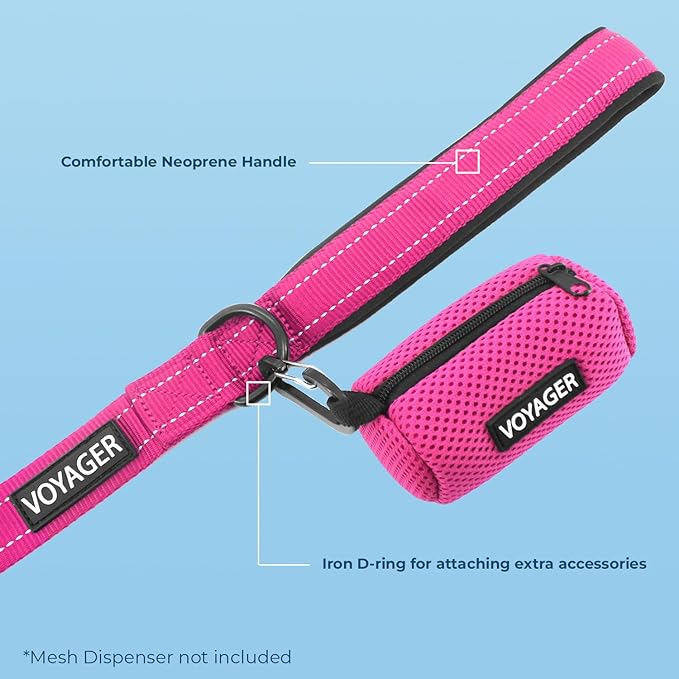 Voyager Reflective Dog Leash Collar Set with Neoprene Handle Supports Small, Medium, and Large Breed Puppies, Cute and Heavy Duty for Walking, Running, and Training - Fuchsia, L