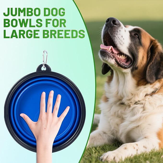 Dog Bowl Pet Collapsible Bowls, 2 Pack Collapsible Dog Water Bowls for Large Dogs Cats, Portable Pet Feeding Watering Dish for Walking Parking Traveling with 2 Carabiners (Blue+Green, Jumbo)