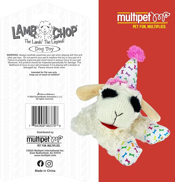 Multipet Lamb Chop Dog Plush Toy w/Birthday Hat - Squeaky Dog Toy for All Dogs - Soft Plush Dog Toy - Stuffed Animal Dog Toy for Playing - Cute Dog Birthday Toy (10.5”, Pink Hat, 5 Squeakers)