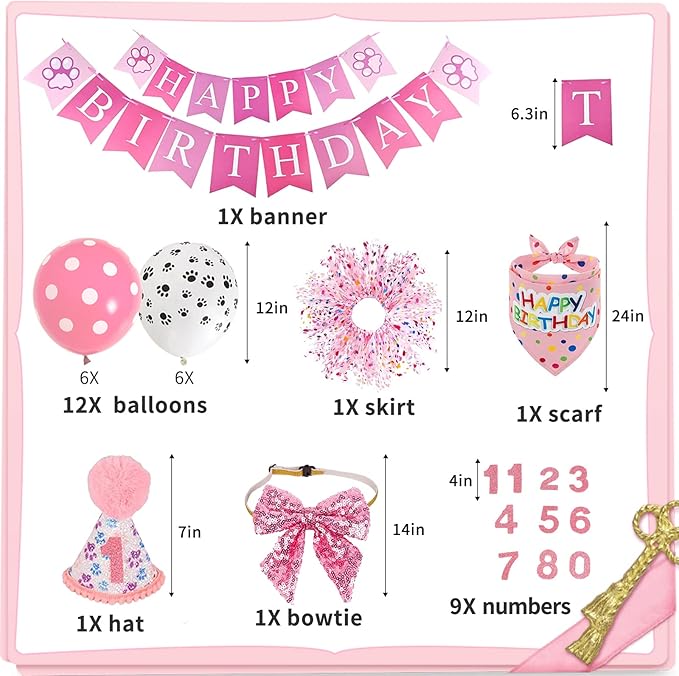 Dog Birthday Bandana Hat Girl Dogs Birthday Party Supplies Red Bowtie Dogs Tutu Skirt for Girl Dog Birthday Decorations