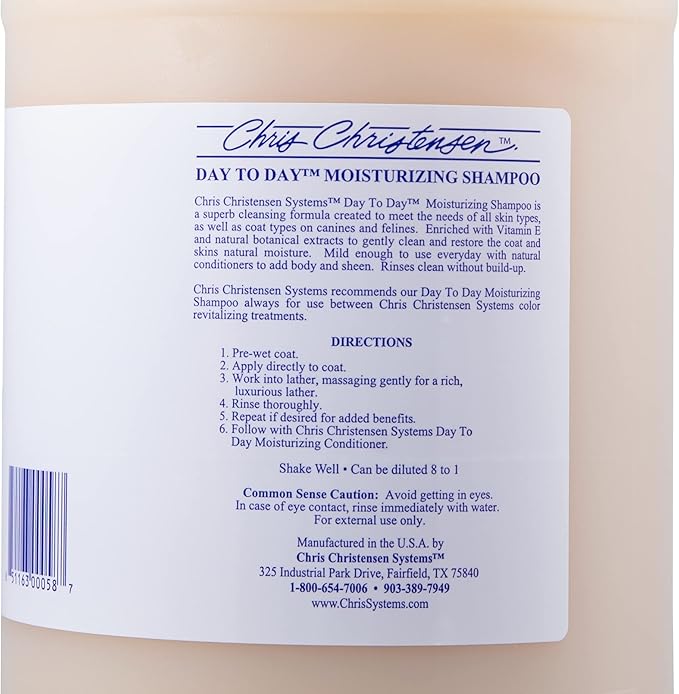 Chris Christensen Day to Day Ultra Concentrated Dog Shampoo, Makes up to 8 Bottles, Groom Like a Professional, Moisturizing, All Coat Types, for Daily Use, Made in USA, 1 Gallon
