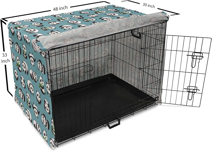 Lunarable Panda Dog Crate Cover, Cartoon Style Pandas Eating Branches Bear Poses in Sleeping and Rolling, Easy to Use Pet Kennel Cover for Medium Large Dogs, 48 Inch, Petrol Blue and Black