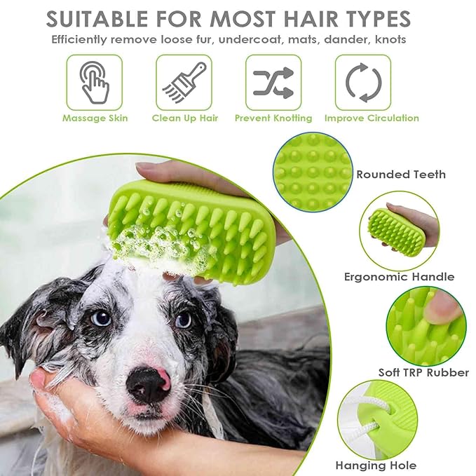 Dog Grooming Brush, Premium Soft Silicone Pet Bath Brushes, Rubber Shampoo Soothing Comb Scrubber for Wet Dry Long Short Haired Dogs & Cats Massaging, Deshedding Shower Scrubbing
