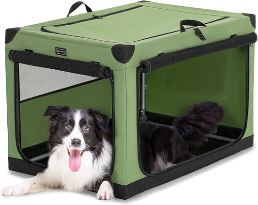 PETSFIT Soft Dog Crate, Dog Travel Crate - 36 Inch Lightweight, Easy Setup, sturdy Portable Dog Crate, Adjustable Framework with 3 Mesh Door, Soft Sided Collapsible Dog Kennel Green