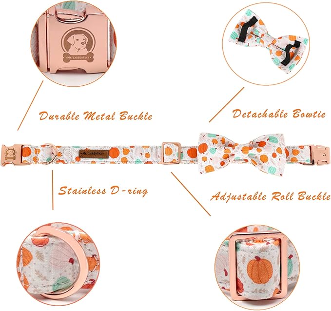 Halloween Dog Collar Bow MR. CHUBBYFACE Adjustable Girl Boy Dog Collar Bow Tie Cute Pumpkin Dog Collar for Small Medium Large Dogs